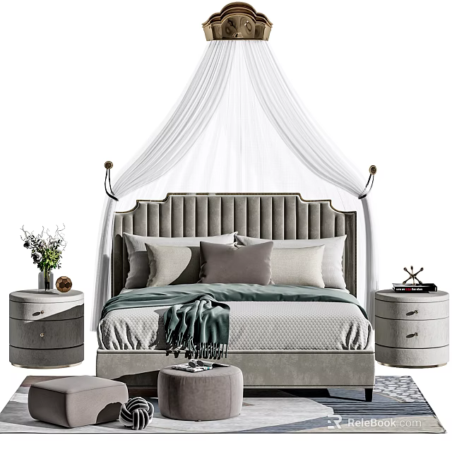 Gray Tufted Double Bed With White Canopy Pillows Green Blanket And Nightstands 3d model 
