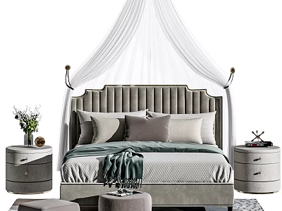 Gray Tufted Double Bed With White Canopy Pillows Green Blanket And Nightstands 3d model