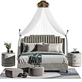 Gray Tufted Double Bed With White Canopy Pillows Green Blanket And Nightstands