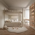 Cozy Kids Room Interior With Bunk Bed Stuffed Toys Round Rug Desk And Bookshelf