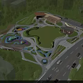 Urban Park Landscape With Green Lawn Colorful Playground Trees And Water Features