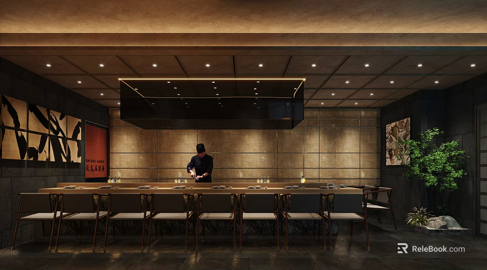 Elegant Luxury Japanese Restaurant With Open Chef Counter And Cozy Warm Ambient Dining Interior Design 3d model 