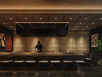 Elegant Luxury Japanese Restaurant With Open Chef Counter And Cozy Warm Ambient Dining Interior Design 3d model