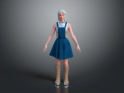 Woman with silver hair wearing blue pinafore dress and brown boots 3d model
