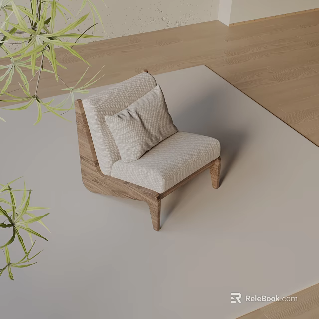 Modern Accent Chair With Wooden Frame Light Fabric Cushion Throw Pillow And Green Plants 3d model 