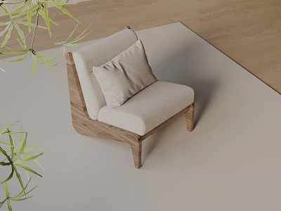 Modern Accent Chair With Wooden Frame Light Fabric Cushion Throw Pillow And Green Plants 3d model