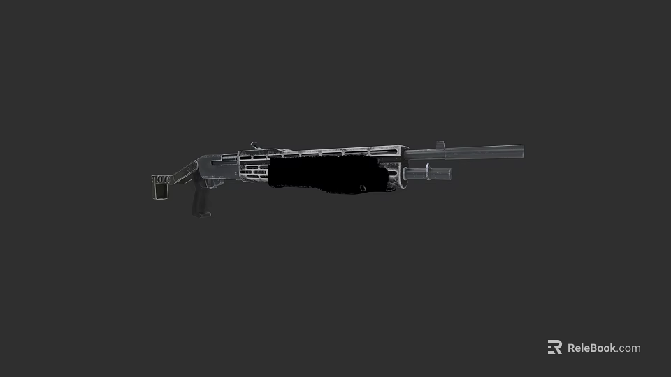 Tactical Shotgun Metallic Black And Silver Design With Long Barrel Magazine And Grip 3D Rendering 3d model 