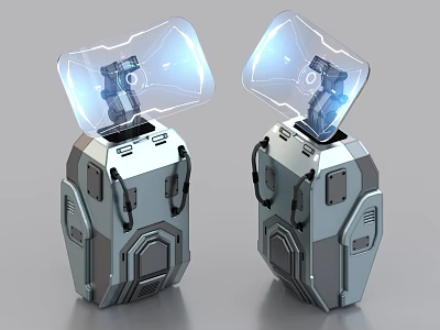 Two Futuristic Computer Devices With Transparent Visor And Metallic Mechanical Structure 3d model