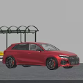 Red Audi Hatchback Parked Near Bus Stop With Yellow Bench And Black Shelter