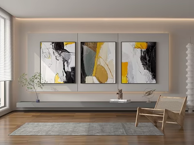 Abstract Paintings With Yellow Gray Accents In Modern Living Room 3d model