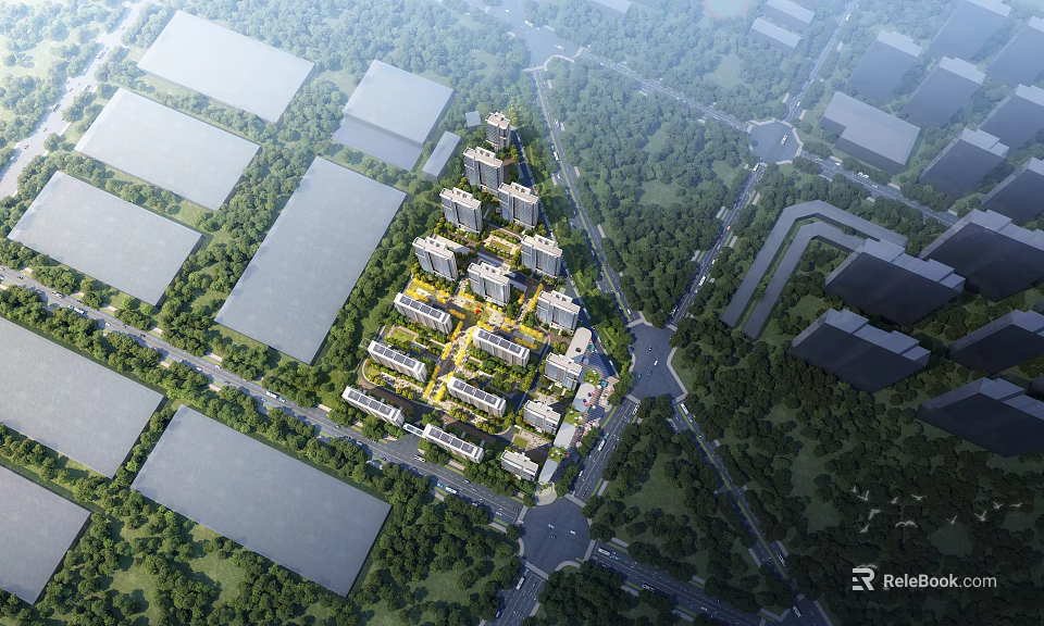 Aerial View Planning of Modern Residential Complex With High Rise Buildings Greenery and Roads 3d model 