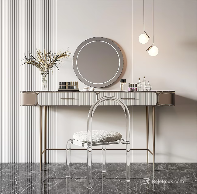 Modern Dressing Table Setup With Round Mirror Hanging Lights Potted Plant Drawers And Clear Chair 3d model 