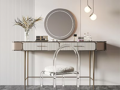 Modern Dressing Table Setup With Round Mirror Hanging Lights Potted Plant Drawers And Clear Chair 3d model