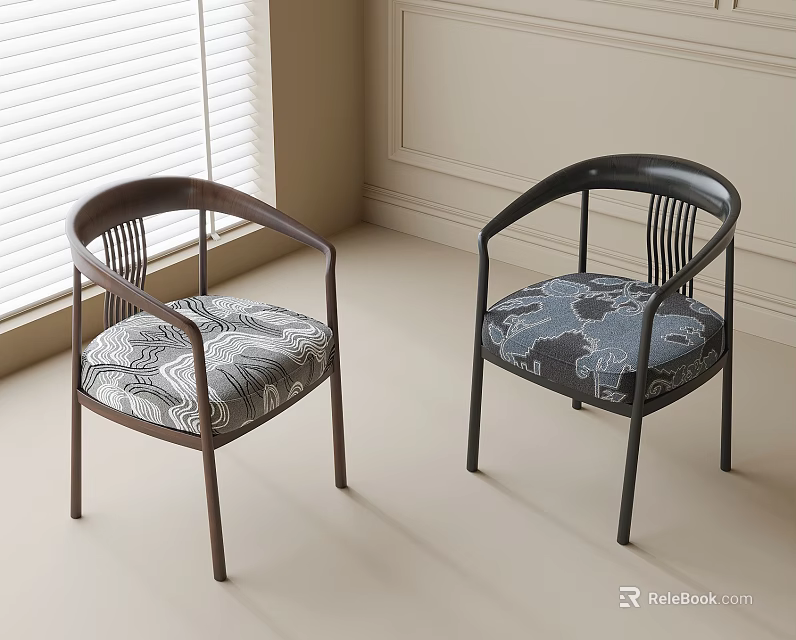 Dining Chairs With Brown And Black Frames And Patterned Seat Cushions By Window 3d model 