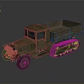 Vintage Tracked Truck With Open Cargo Bed Front Tires And Military Green Exterior