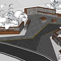 Stone Landscape Wall Design With Palm Trees Wooden Benches Pathway And Community Center Entrance