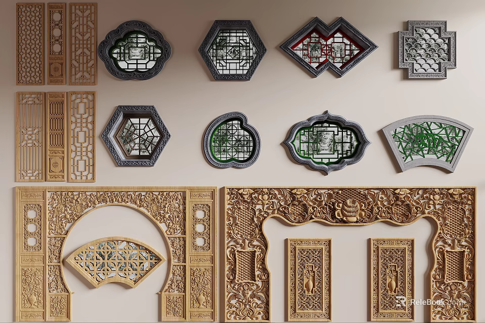 Traditional Chinese Carved Lattice Windows With Various Shapes And Intricate Decorative Patterns 3d model 