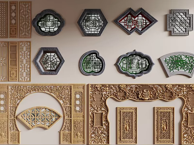 Traditional Chinese Carved Lattice Windows With Various Shapes And Intricate Decorative Patterns 3d model