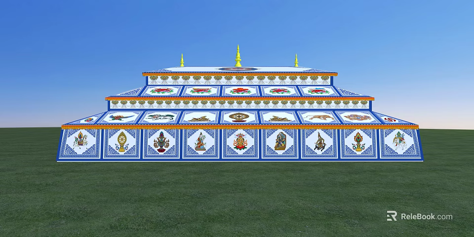 Traditional Multi tiered Religious Building With Blue White Design And Golden Spires On Green Grass 3d model 