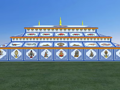 Traditional Multi tiered Religious Building With Blue White Design And Golden Spires On Green Grass 3d model