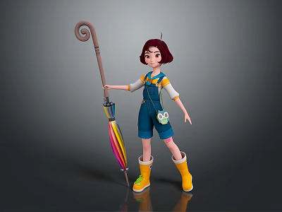 Animated Girl with Short Red Hair Blue Overalls Yellow Rain Boots Holding Colorful Umbrella 3D 3d model