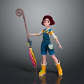 Animated Girl with Short Red Hair Blue Overalls Yellow Rain Boots Holding Colorful Umbrella 3D