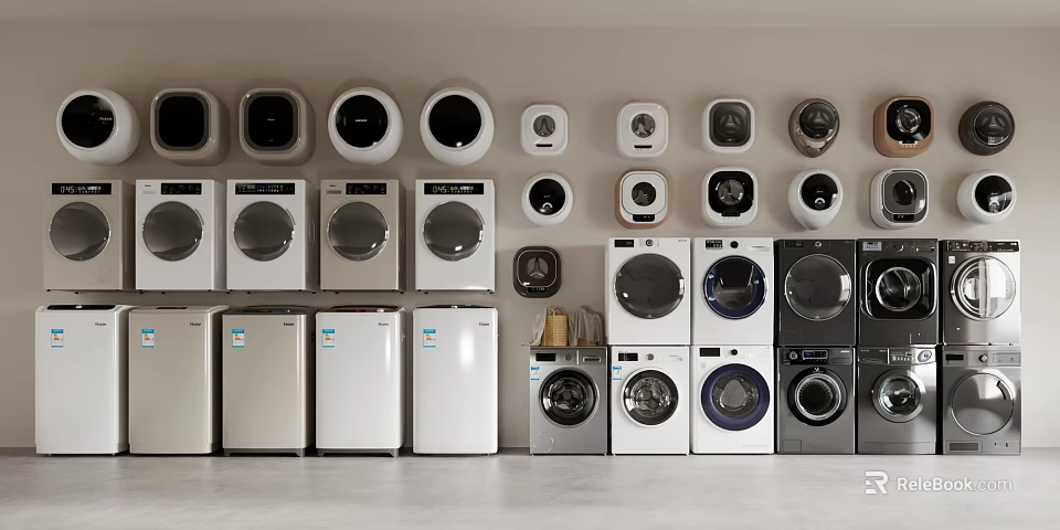 Home Interior Featuring Multiple Washing Machines In Various Colors And Designs 3d model 