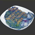 Grilled Herb Seasoned Meat with Fresh Lettuce Basil Radish and Roasted Onion on White Plate