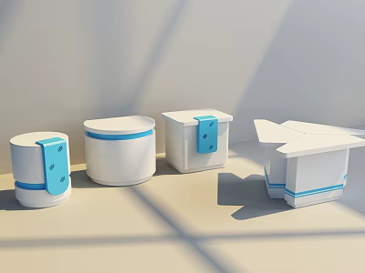 Modern Display Shelves With White Bodies And Blue Accents In Various Shapes 3d model