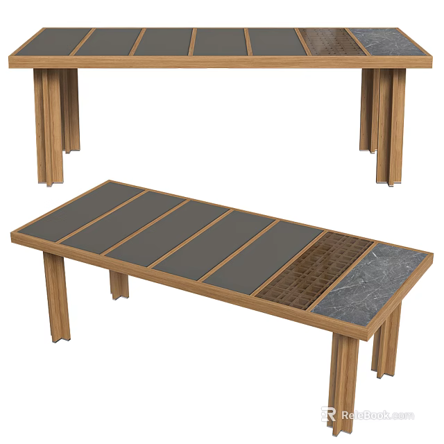 Modern Coffee Table With Wooden Legs And Gray Panel Stone Accent Top Design 3d model 