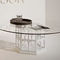 Modern Round Glass Coffee Table With White Shelf Marble Cabinet Plant Books And Tray