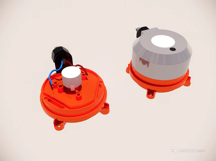 Two Orange Base Electronic Devices With Black Wire And White Top Hole 3d model