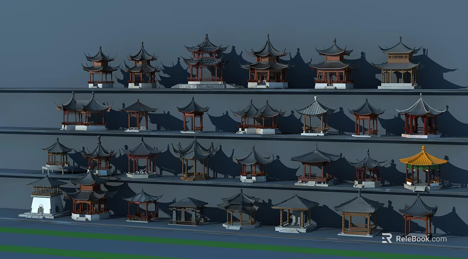 Detailed Chinese Traditional Pavilions 3D Models Arranged in Multiple Layers 3d model 