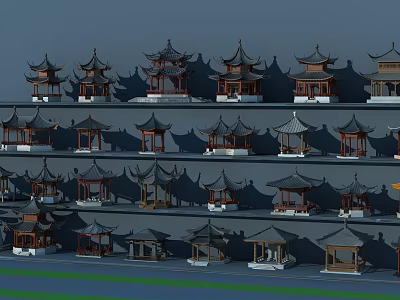 Detailed Chinese Traditional Pavilions 3D Models Arranged in Multiple Layers 3d model