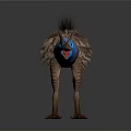 Feathered Fantasy Creature With Blue Neck Brown Feathers Horned Head Open Mouth Standing Pose