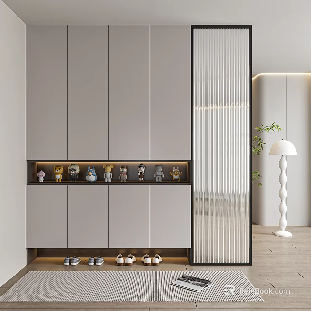 Modern Luxury Shoe Cabinet with Gray Cabinetry Middle Open Shelf and Figurines Shoes Below 3d model 