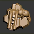 Golden Mechanical Robot Character Holding Large Weapon On Pedestal Base