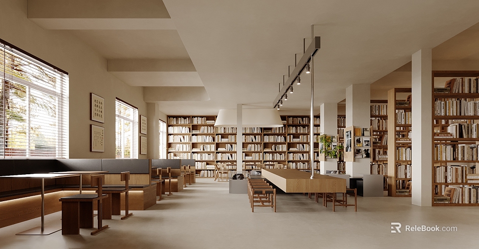 Cozy Modern Café Interior With Wooden Tables Bookshelves And Natural Light 3d model 