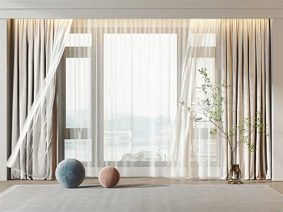 Modern Curtain Design For Bright Window Interior With Sheer Panels Decorative Balls And Greenery 3d model