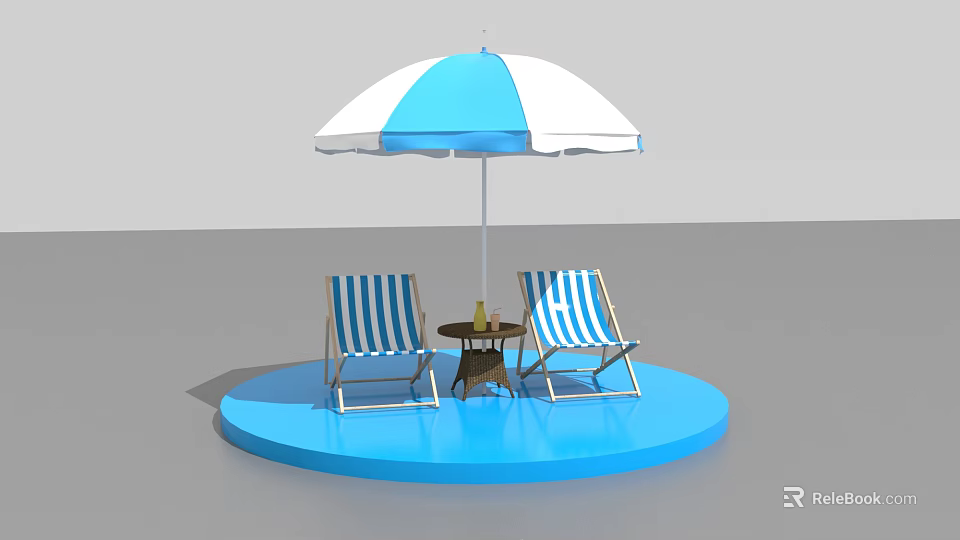 Outdoor Interaction Area With Blue And White Striped Umbrella Lounge Chairs And Round Table 3d model 
