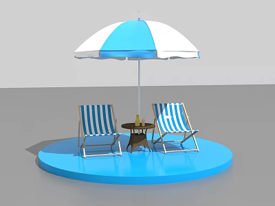 Outdoor Interaction Area With Blue And White Striped Umbrella Lounge Chairs And Round Table 3d model