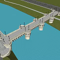 Classical Stone Bridge with Lamp Posts and Arches Over Blue Water