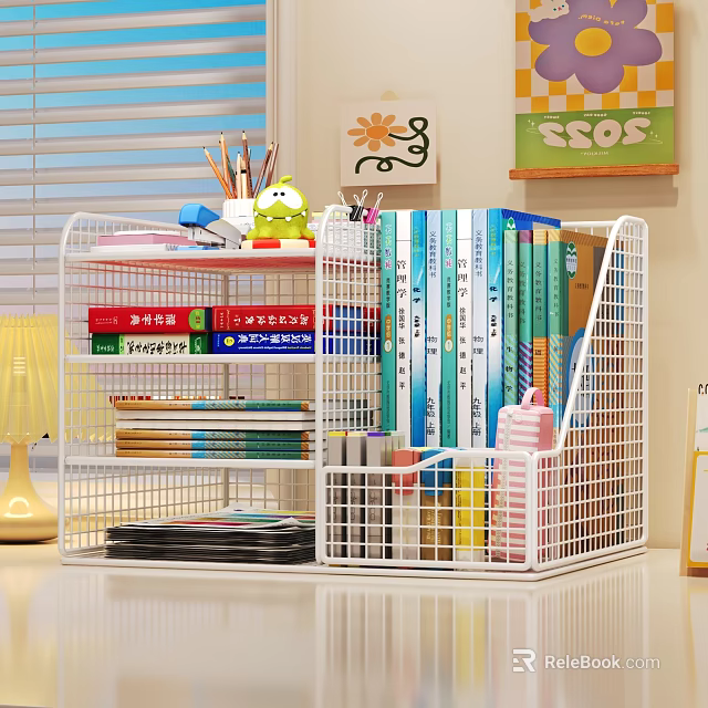 White Grid Wire Shelf Organizing Books Stationery And Folders In Tidy Study Workspace 3d model 