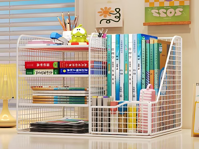 White Grid Wire Shelf Organizing Books Stationery And Folders In Tidy Study Workspace 3d model