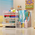 White Grid Wire Shelf Organizing Books Stationery And Folders In Tidy Study Workspace