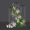 Floral Installation Design With Wire Mesh Structures Purple White Flowers Greenery And White Candles