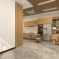 Interior Space With Wooden Ceiling White Walls TV Tables Chairs Marble Floor And Green Plants