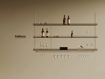 Poliform Stylish Wall Mounted Wine Rack With Wine Bottles And Hanging Glasses 3d model