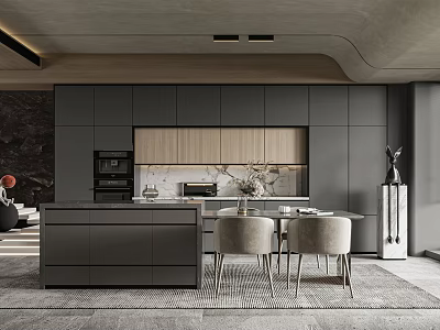 Modern Elegant Restaurant Interior Design With Grey Cabinets Marble Island And Wooden Dining Chairs 3d model