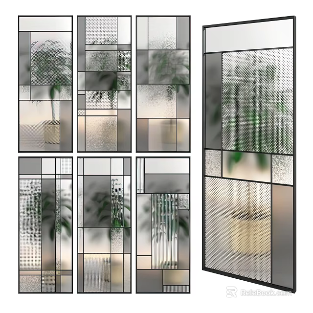 Modern Room Divider With Geometric Glass Panels And Green Plants Background 3d model 